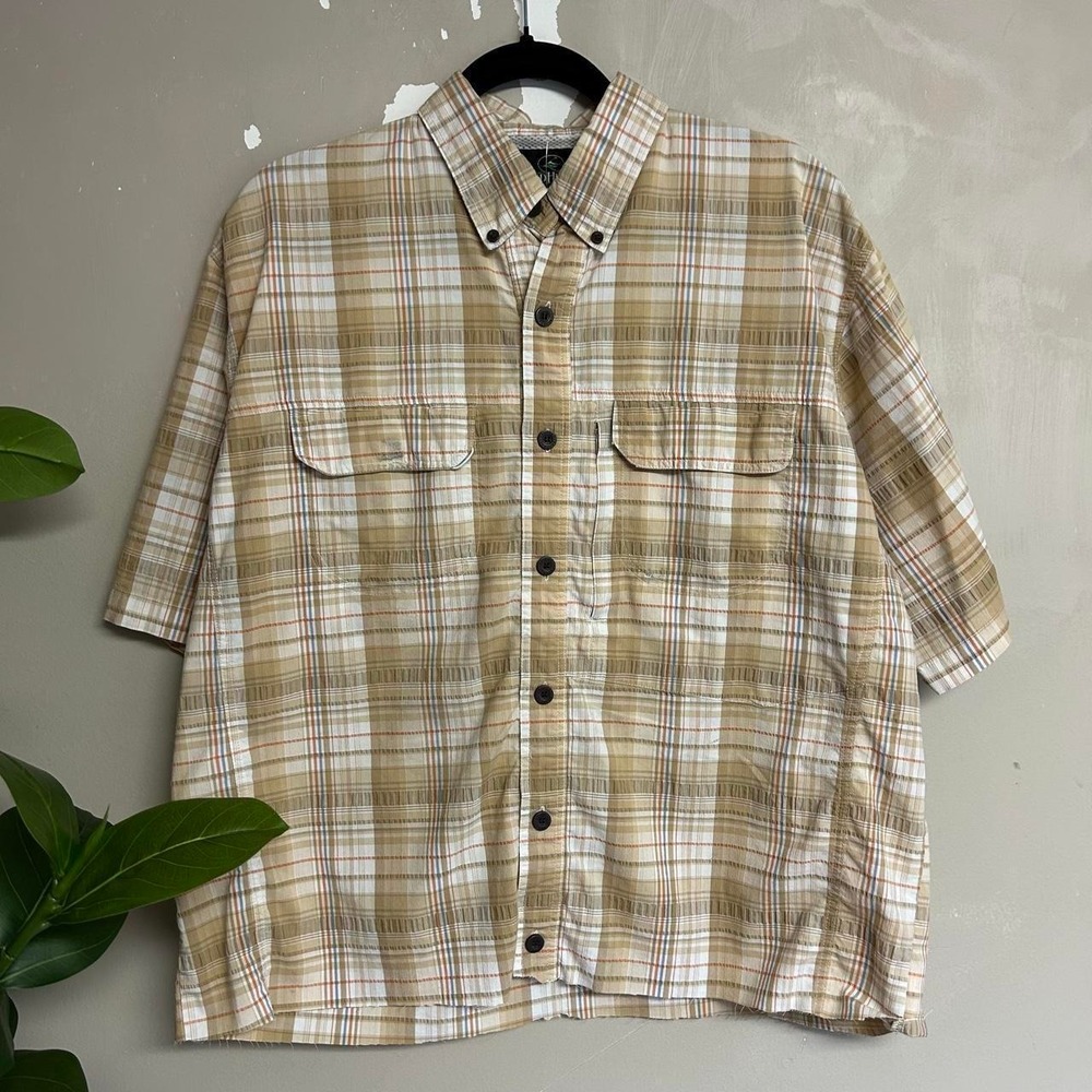 RedHead Vintage 2000s Cream Textured Checkered Cropped Short Sleeve Shirt Mens L